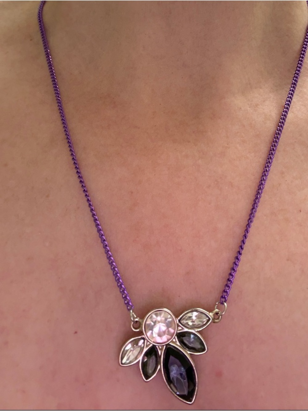 Hand-Crafted Purple Chain Pendant Necklace with Crystal Leaf Accents